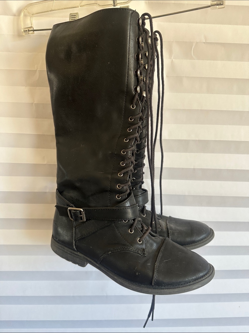Target Black Lace-Up Knee-High Combat Boots with Buckle Strap